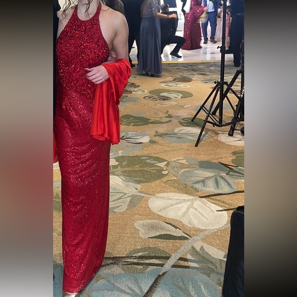 Red Halter Beaded Evening Dress - Picture 5 of 5